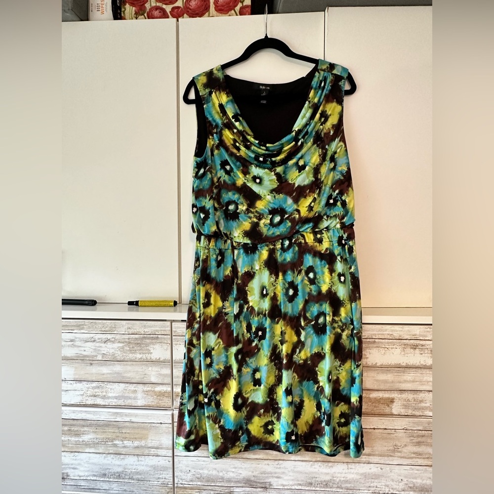 🌺 NWT Style & Co Green Days Floral Cowl Neck Dress Large Stretch